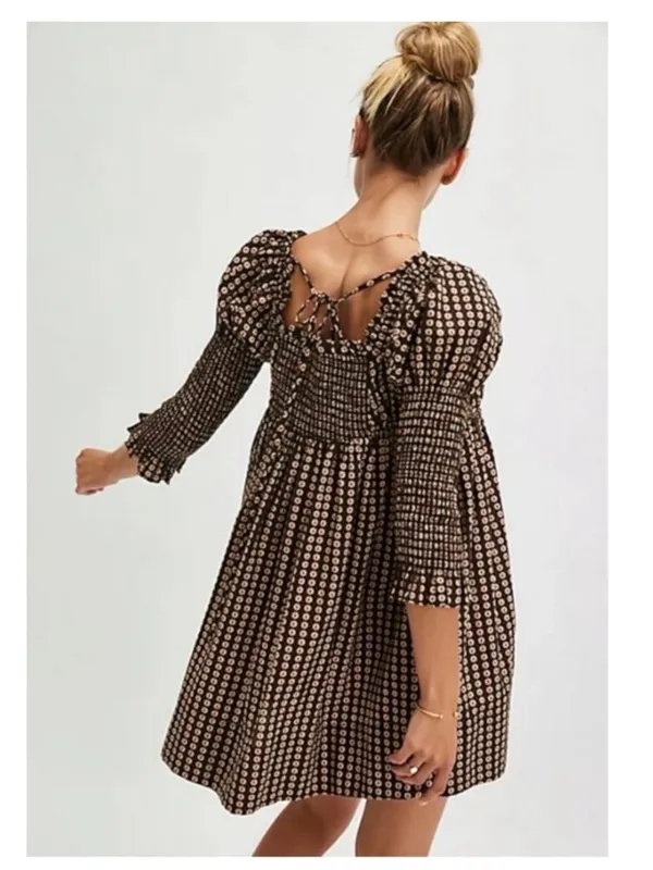 Free People Women’s Star Dip Mini Dress in Black Brown Combo Retro Babydoll Sz M - Image 6