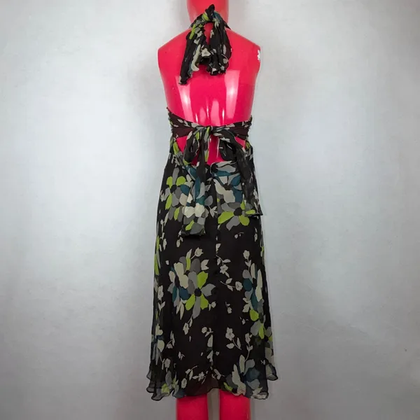 Carlisle Silk Halter Dress Womens 6 Brown Floral Handkerchief Hem Midi Wedding - Image 4