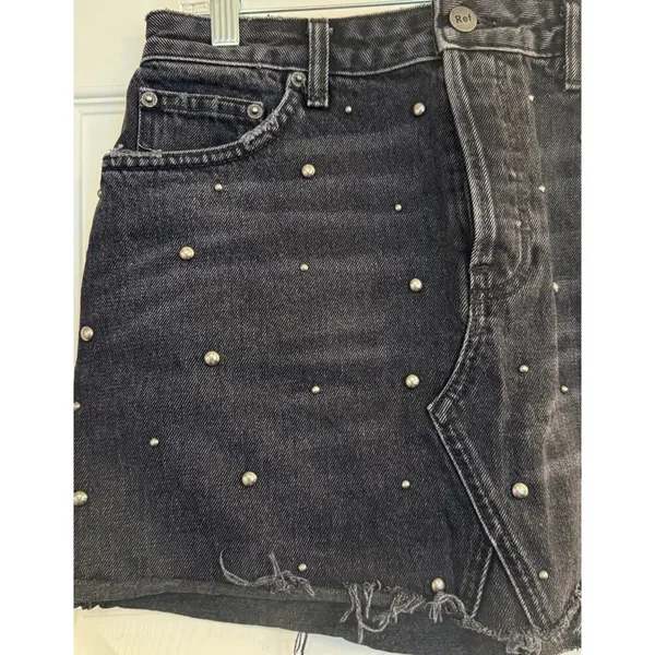 Reformation Black‎ Denim Mini Skirt Sz 28 Pacific Wash Studs Goth Festival EUC - Image 3