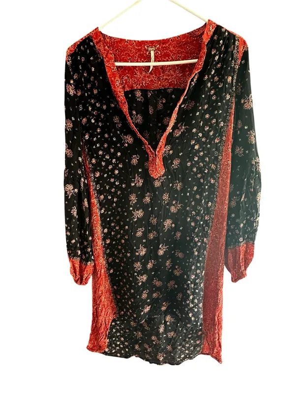 Free People Peacemaker High Low Tunic Dress Black Red Bandana Paisley Boho - Image 3