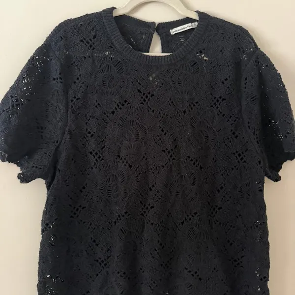 Abercrombie & Fitch‎ Crochet Black Knit Short Sleeve Loose Knit Sweater Size XL - Image 4