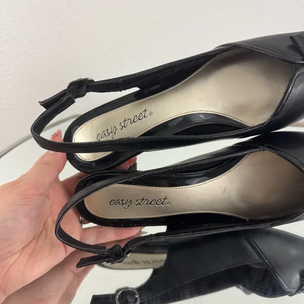 EASY STREET Y2K Black Faux Leather Edgy Bow Slingback Slip On Block Kitten Heels - Image 10