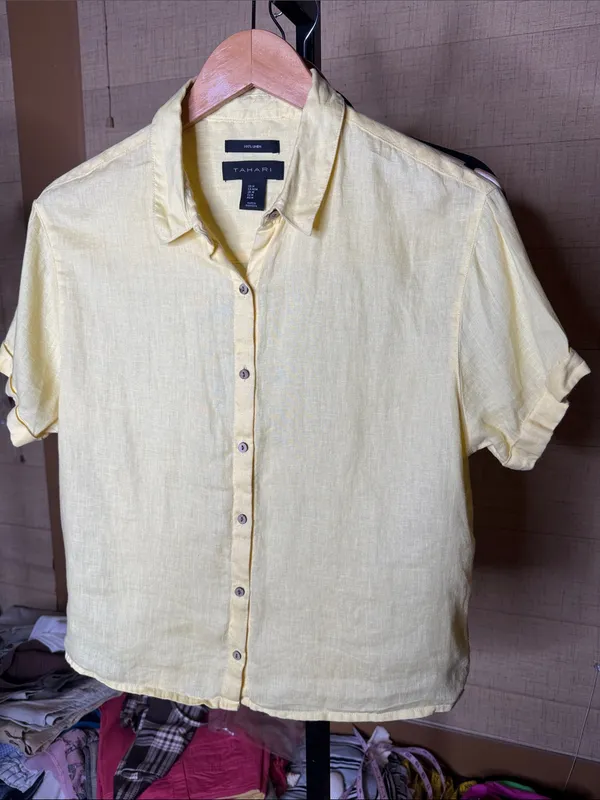 Tahari 100% Linen Button Down Shirt Butter Yellow Size Medium - Image 3