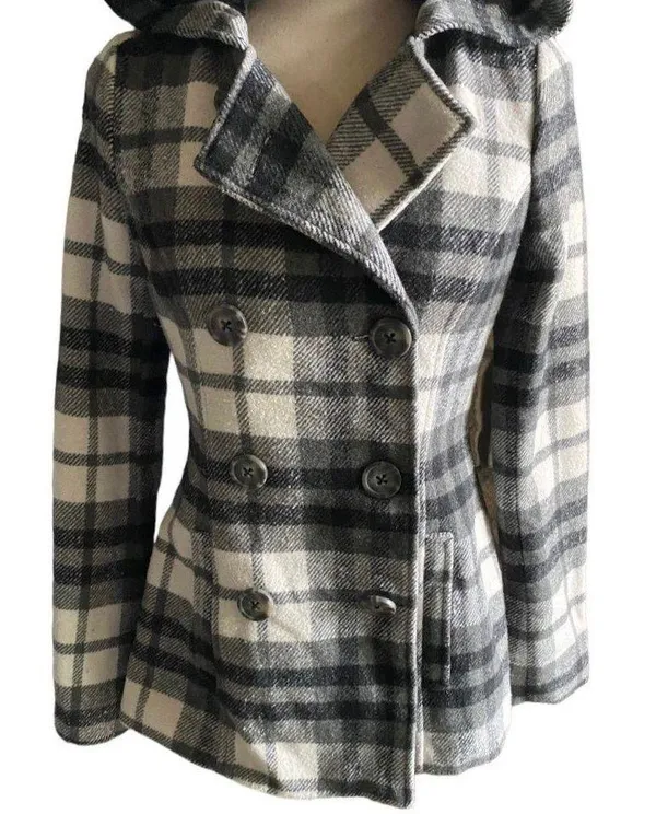 Aeropostale Beautiful black and white plaid hooded pea coat - Image 5