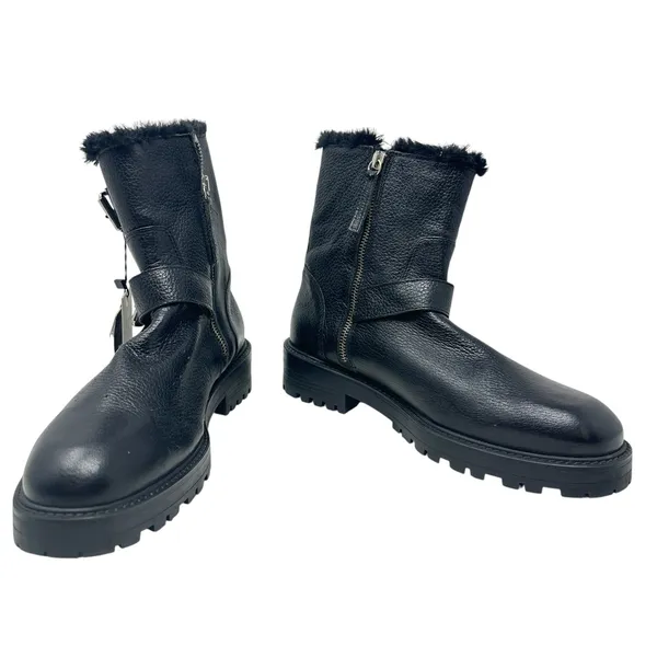 Zara Moto Ankle Boots Leather‎ Buckle Shearling Lined Black Size 40 US 9 - Image 5