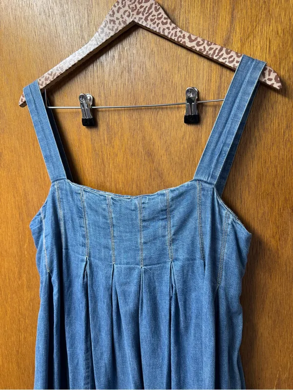 Free People Pretty in Pleats Indigo Blue Denim Raw Hem Midi Dress Medium $148 - Image 10