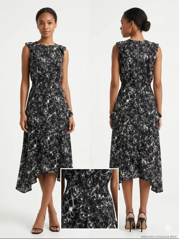 Sleeveless Black & White Floral High-Low Dress - Image 2