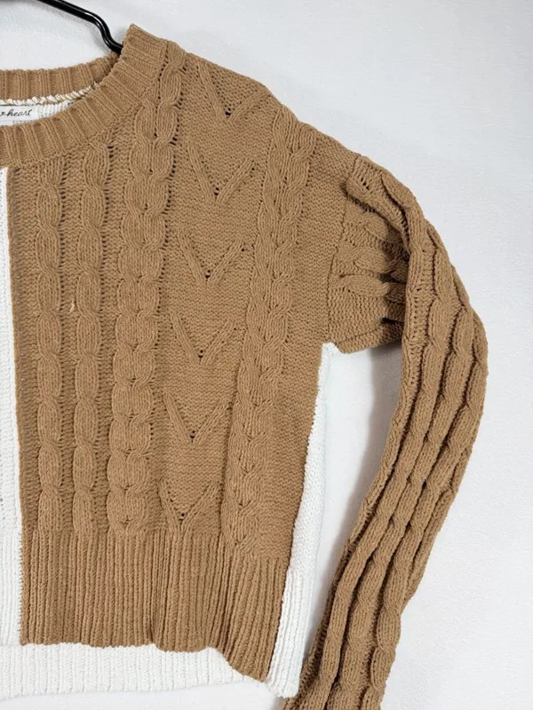 Derek Heart Women’s Small Brown Ivory Colorblock Cable Knit Cropped‎ Sweater - Image 6