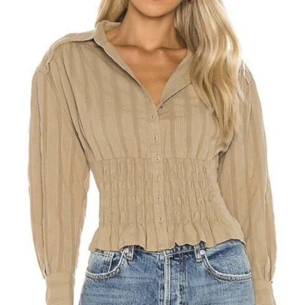 Free People Tammy Button down Tan Size XS‎ Crinkle Smocked Top Collared - Image 2