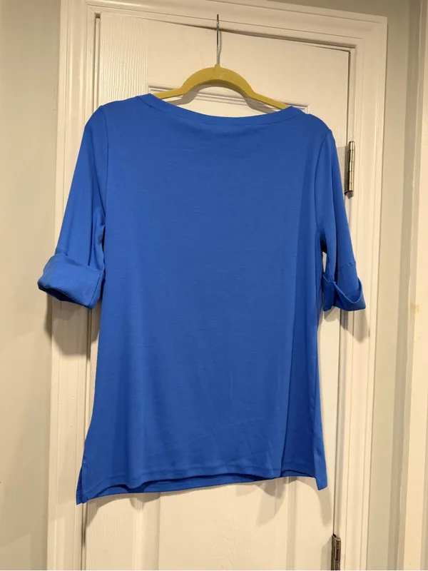NWOT LRL Ralph Lauren Size L Blue Top Cuffed Short Sleeve Stretch Classic Logo - Image 7