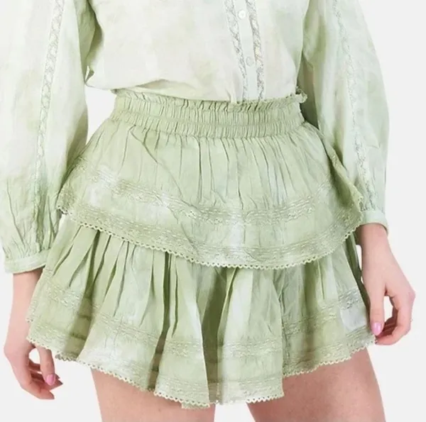 LoveShackFancy Tiered Ruffle Mini Skirt Moss Green Hand Tie Dye Size Medium - Image 3