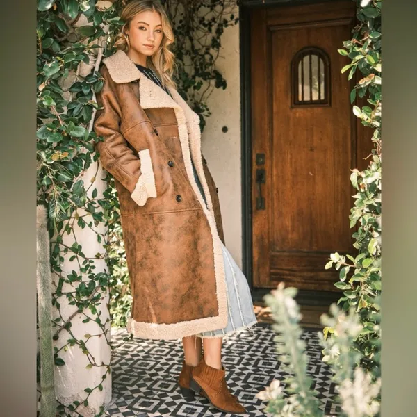 Faux leather teddy shearling long coat in chestnut - Image 9