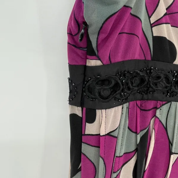 Vintage Babydoll Purple Abstract Sheer‎ Overlay Dress Black Lace Trim Size 4 Y2K - Image 5