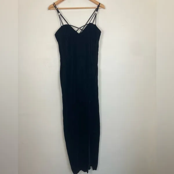 Vintage 90s Y2K strappy back velvet column dress with front slit. - Image 2