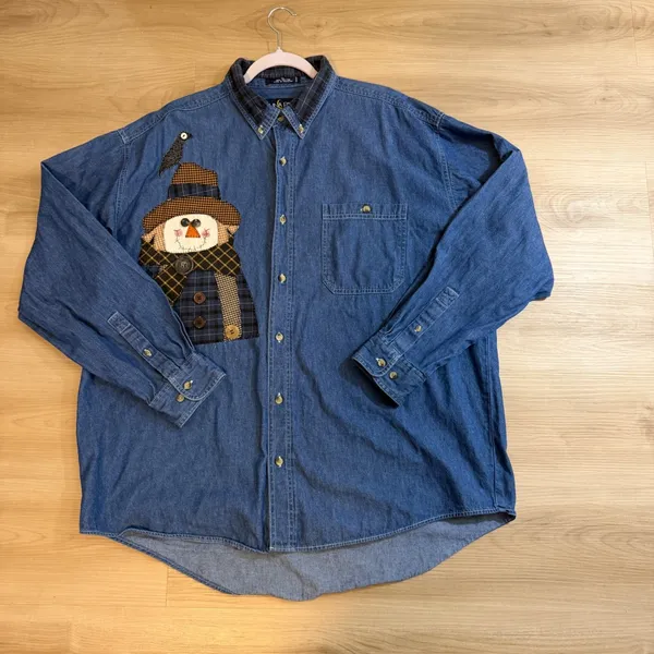 Luna Pier Button Up Denim XL Blue Scarecrow Patchwork Blue Shirt Novelty Fall - Image 9