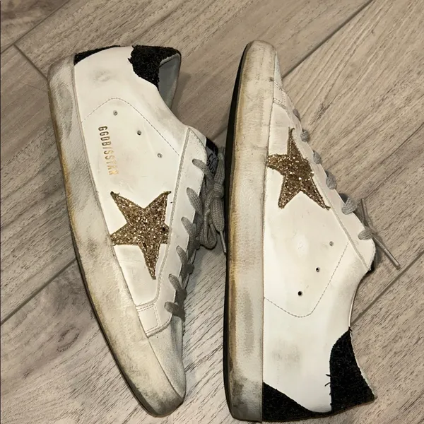Golden Goose White Sneakers with Gold Star and Black Glitter Heel Tab Size 39 - Image 8