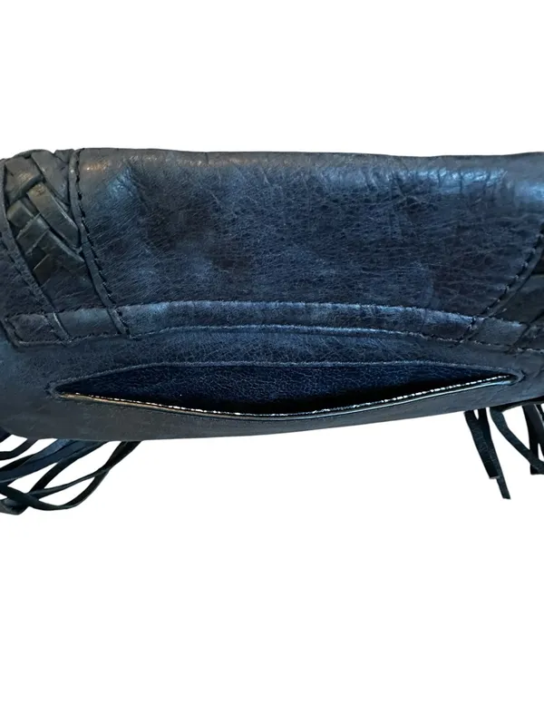 Lucky Brand Vintage Fossil Blue Leather Mini Bag Tassle Fringe Trim Y2K Boho Hippie Indie - Image 5