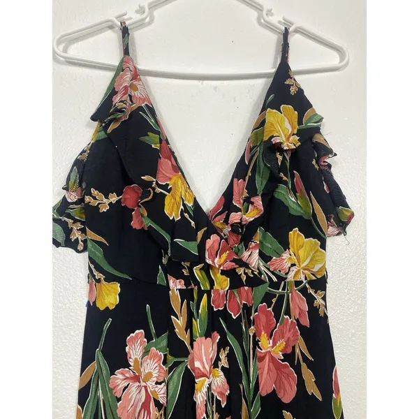 Privacy Please Black Floral Ruffle Maxi Dress Adjustable Straps V-Neck Size S - Image 4