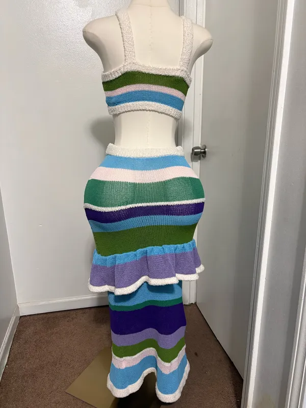 SheIn striped net crop top and skirt set in blue, pink and green - Image 2