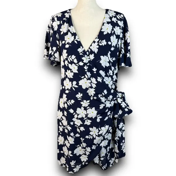 VICI Blue Floral Wrap Mini Dress Vneck Short Sleeve Spring Summer Size Medium - Image 2