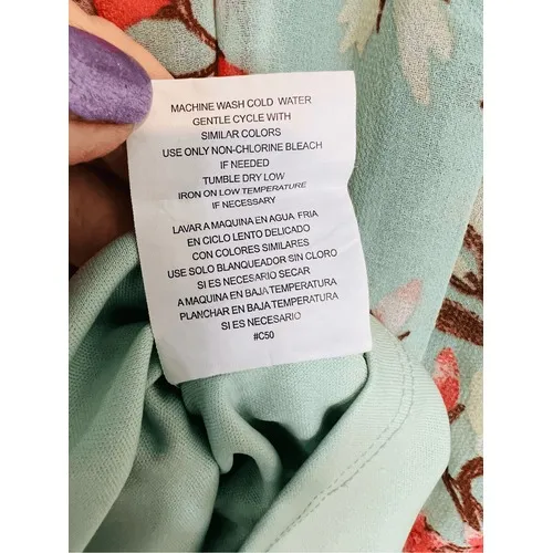 As You Wish Green Floral Chiffon Smocked Asymmetrical Dress LARGE Cottage Flowy‎ - Image 12