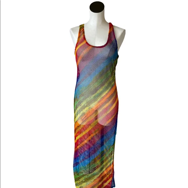Nwot Mesh Sheer Rainbows Multicolored Swim Coverup Dress - Image 4