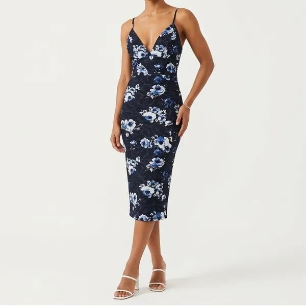 Windsor Navy Blue Floral Midi Dress V-Neck Bodycon Tulip Hem Coquette Dreamcore - Image 2