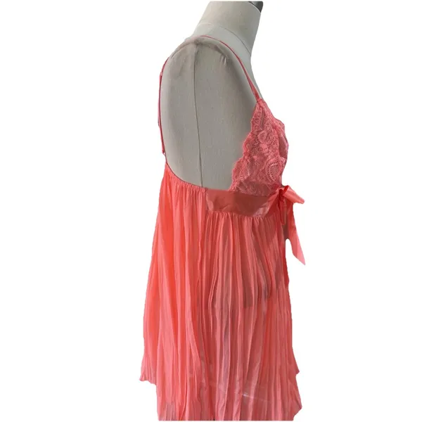 Vintage Victoria's Secret Pink Pleated Babydoll Lace Satin Bow Lingerie M Y2K - Image 3