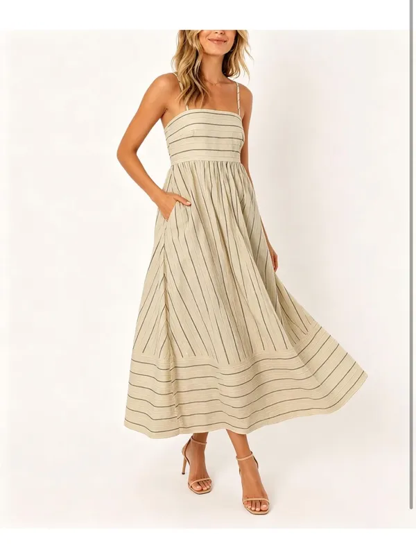 Beige brown Striped Spaghetti Strap Maxi Dress - Image 2