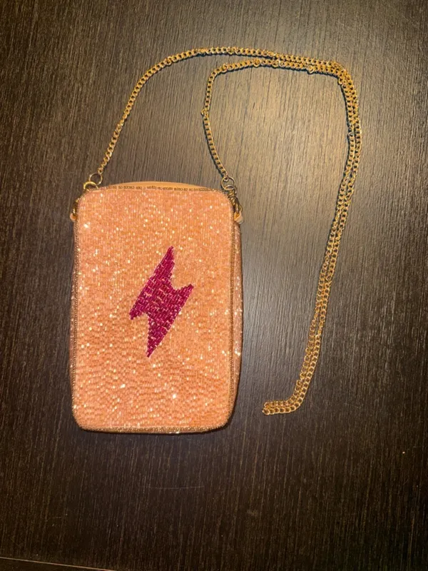 Beaded Pink Crossbody Clutch with Magenta Lightning Bolt - Image 3