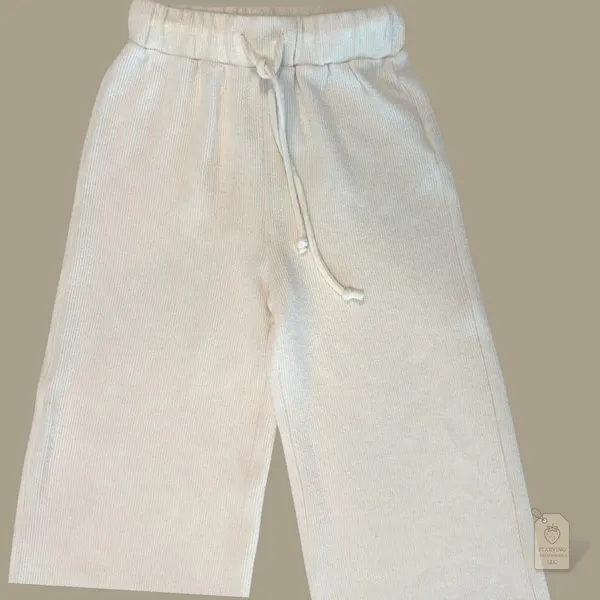 Cream Ribbed Wide-Leg Lounge Pants XS | High-Rise Drawstring Waist - Image 3