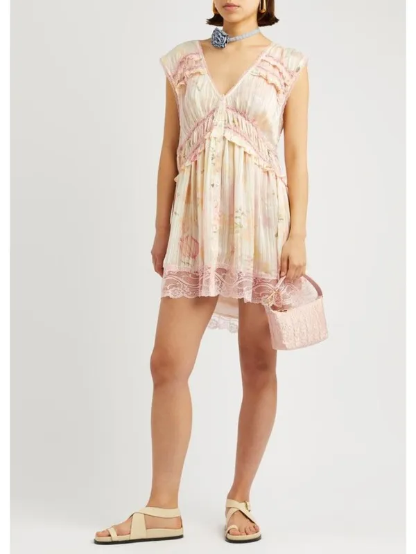 Free People Spring Fling Mini Dress in Tea Combo Medium New Womens Lace Boho - Image 12
