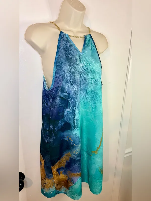 Emery Rose S Teal Blue Gold Chain Halter Dress Watercolor Marble Mini - Image 4