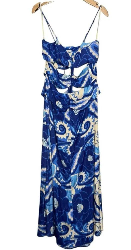 FARM Rio NWT Women’s Size L Blue White Tropical Groove Cutout Detail Midi Dress - Image 8