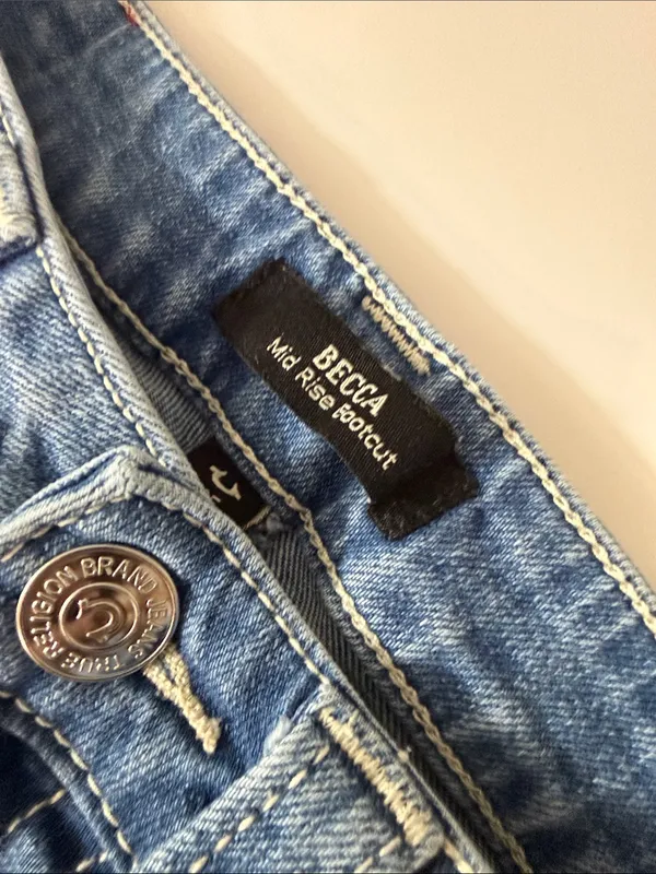 True Religion Blue Flare Jeans with Rhinestone Script - Image 2