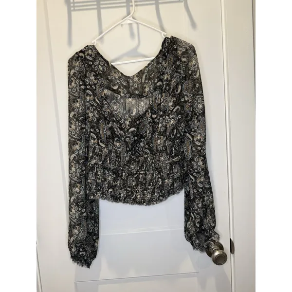 Free People Lolita Dark Gauzy Cropped Peasant Blouse Square Neck Long Sleeve L - Image 5