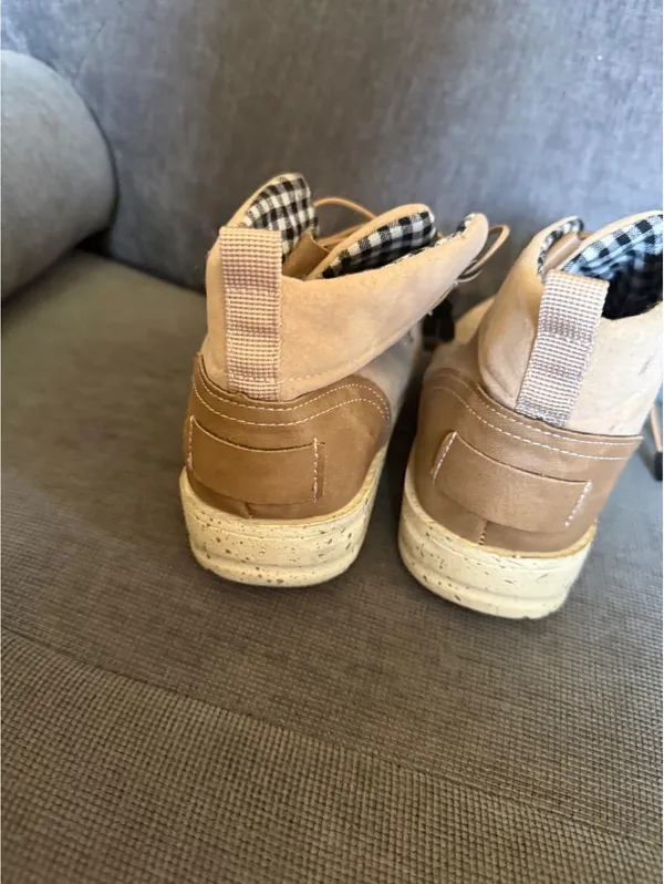 Tan Suede Lace-Up Casual Boots with Checkered Interior - Image 8