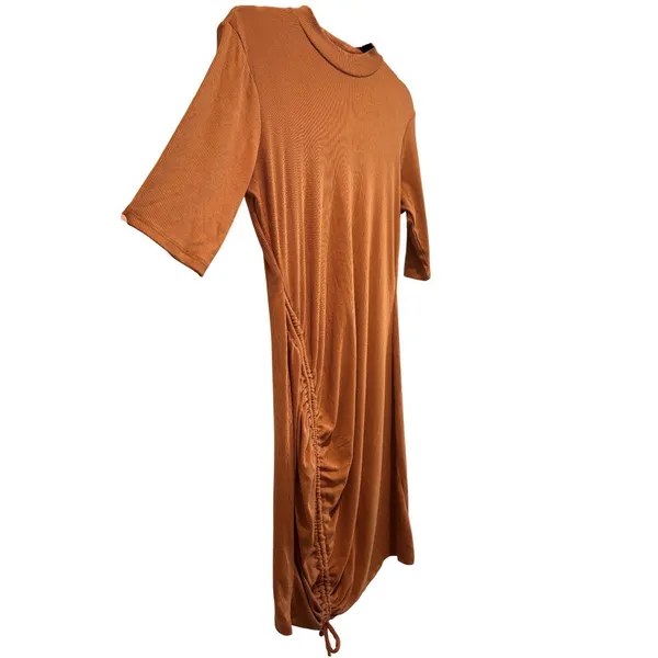 Heart & Hips Rust Orange Brown Ribbed Bodycon Shirt Dress Ruched Short Sleeve L - Image 2