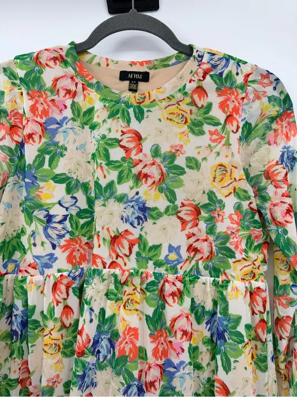 AFRM Floral Mesh Tiered Mini Dress‎ Small Long Sleeve Babydoll Multicolor - Image 5