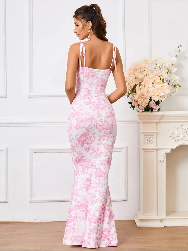 $69 NWOT Marthea Tie Shoulder Fishtail Hem Floral Print Maxi Dress - BFloral M - Image 3
