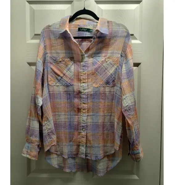 Lauren Ralph Lauren Size L Pastel Gauzy Semi-Sheer Button Up Long Sleeve Shirt - Image 2