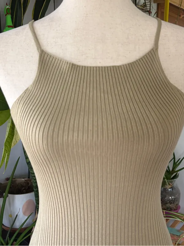Zara Tan Ribbed Knit High Neck Halter Tank Top Small 90s Minimalist Y2K Cami - Image 2