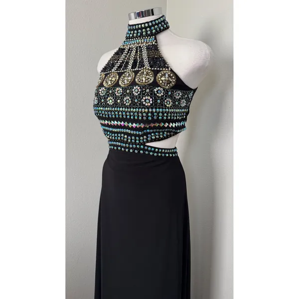 Crystal Doll Black Halter Neck Cutout Beaded Maxi Dress‎ Size 9 Prom Formal - Image 3