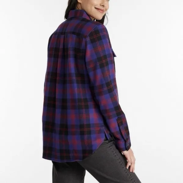 LL Bean Purple Scotch Plaid 1/4 Zip Cotton Flannel Shirt Relaxed MEDIUM - Image 2