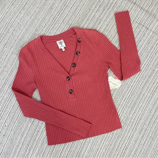 Self Esteem‎ Ribbed Knit V Neck Crop Shirt Spice Orange Medium - Image 12