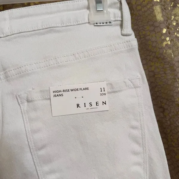 Risen White High Rise Wide Flare Leg Distressed Jeans 11/30 NWT - Image 8
