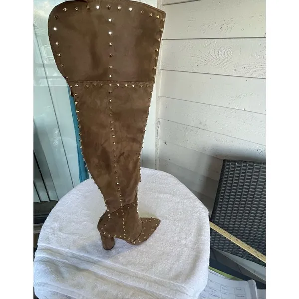 New Venus Faux Suede Studded Over the knee Taupe Boots - Image 2