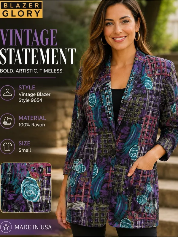 Blazer Glory VTG Purple Blue Black Floral Rayon/Acetate Blazer Sz S 9654 - Image 2