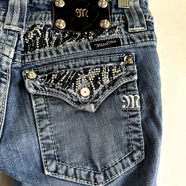 Miss Me Bootcut Jeans Rhinestone Embroidered Logo Medium Wash Western Blue 28x34 - Image 3