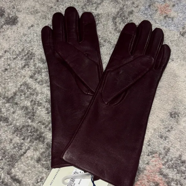 Cole Haan Women's Burgundy Leather Gloves with Gold Logo - Image 5